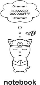 Cat meditating with bee notebook