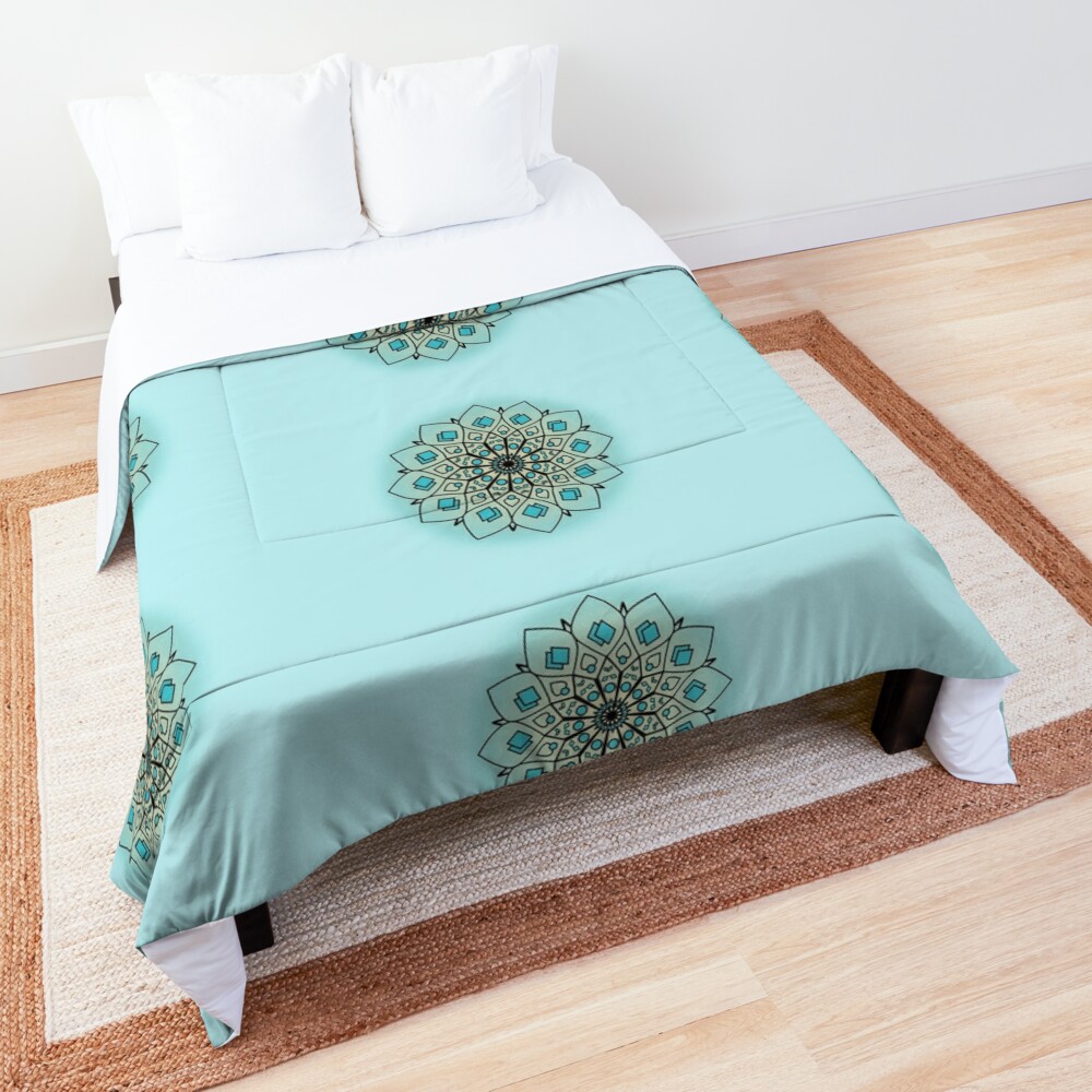 Turquoise and gold mandala patterned comforter